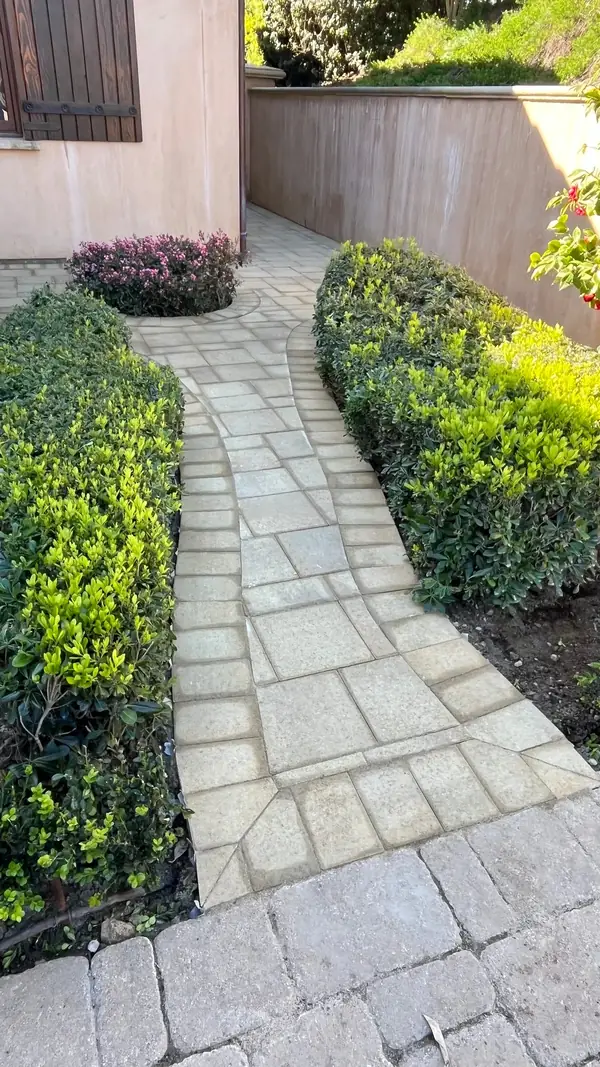 A curved stone path between clipped hedges