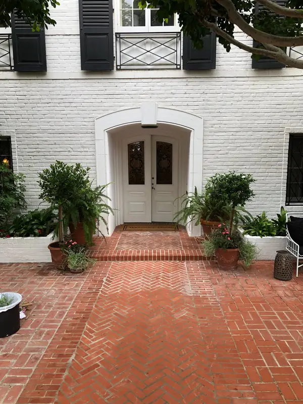 Herringbone brick at the front door of a La Jolla estate