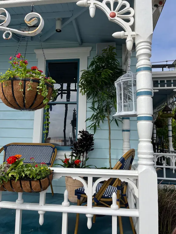 Hanging baskets on a Victorian porch